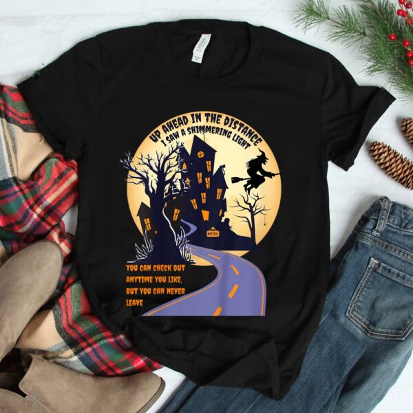 witch riding broom on a dark desert highway halloween moon shirt 2