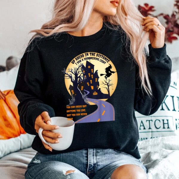 witch riding broom on a dark desert highway halloween moon shirt 4