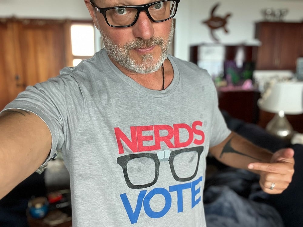 Steve Blum wore Nerds Vote T Shirt
