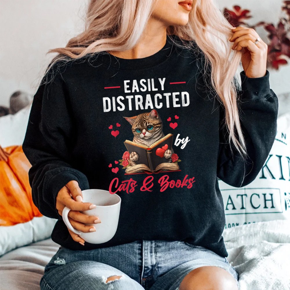 Easily Distracted By Cats And Books Cat Shirt Easily Distracted By Cats And Books Cat Shirt