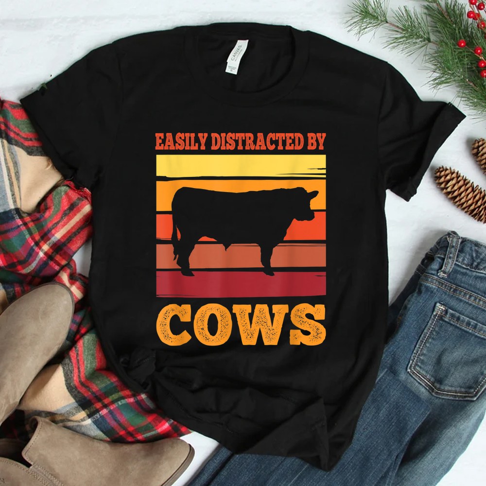 Easily Distracted By Cows Farming Retro Vintage Sunset Shirt Easily Distracted By Cows Farming Retro Vintage Sunset Shirt