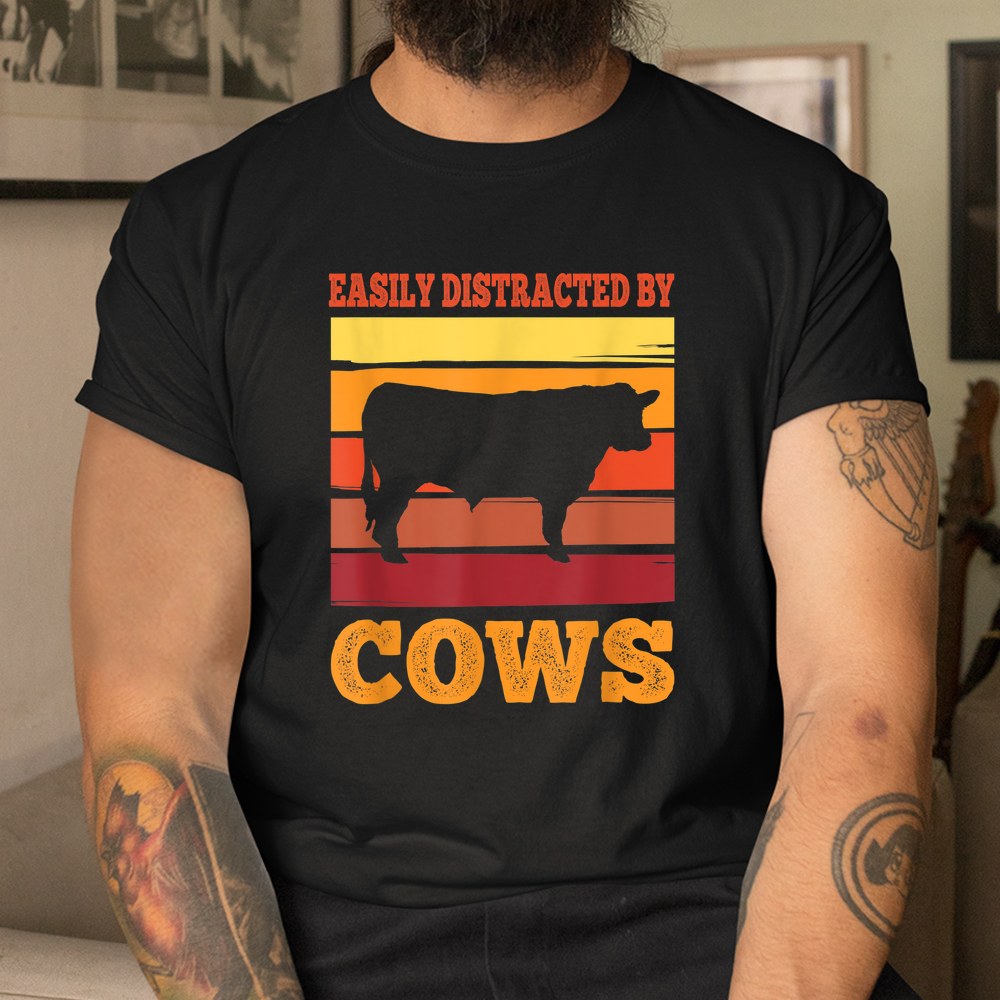 Easily Distracted By Cows Farming Retro Vintage Sunset Shirt Easily Distracted By Cows Farming Retro Vintage Sunset Shirt