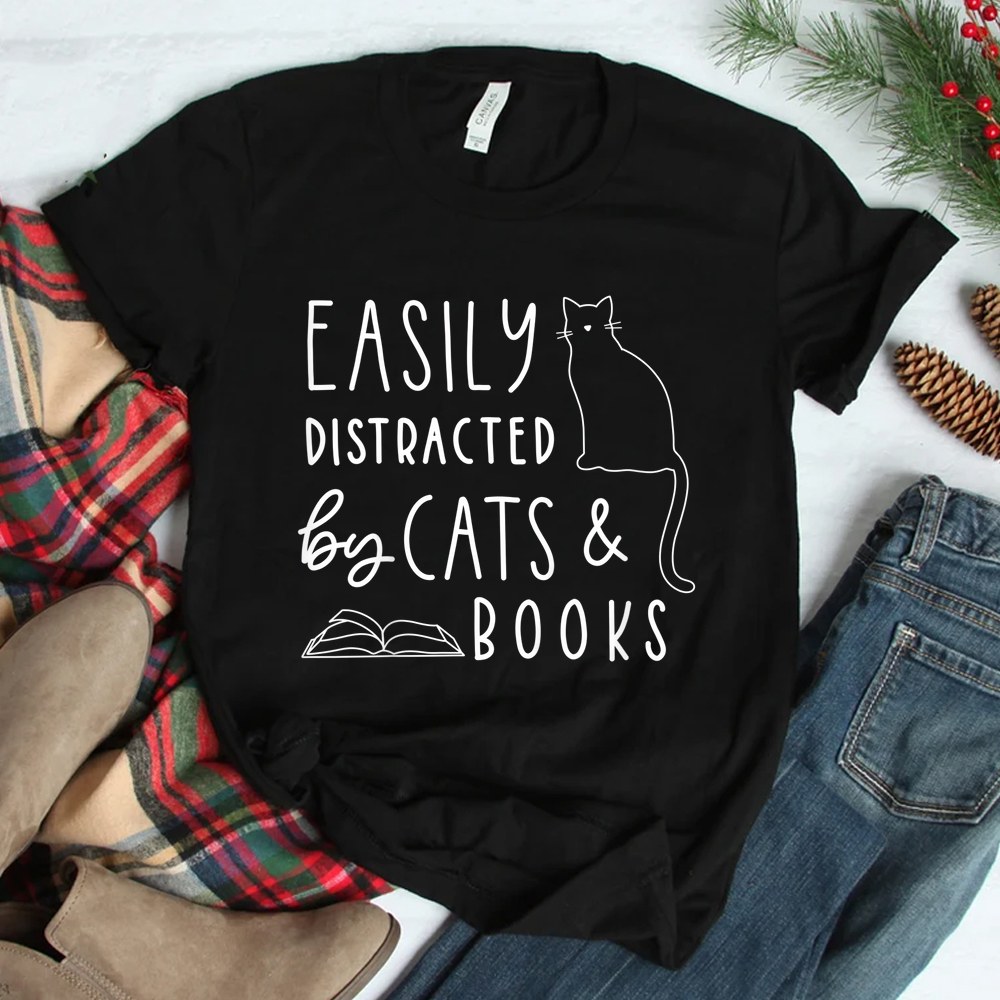Easily Distracted Cats And Books Shirt Easily Distracted Cats And Books Shirt