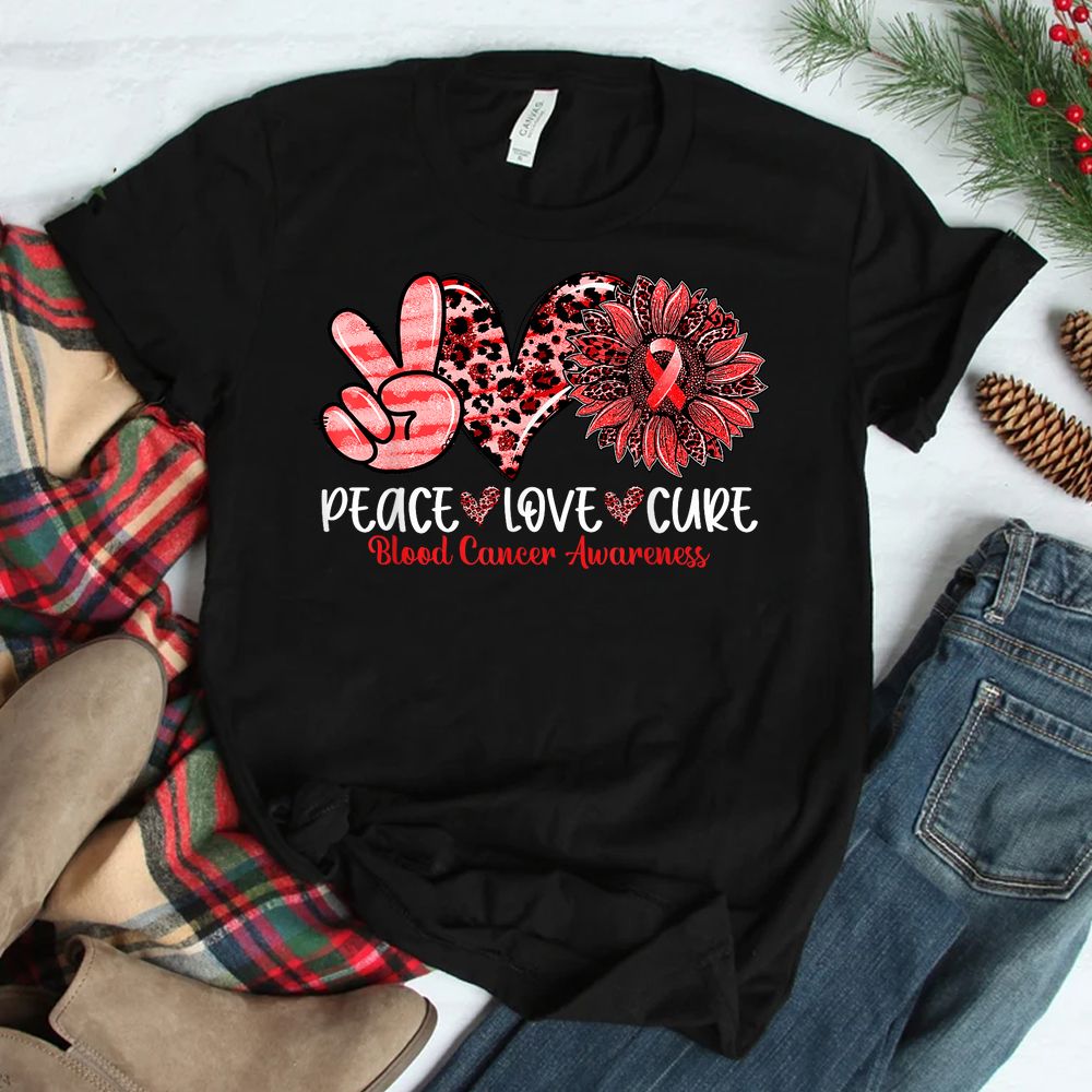 Peace Love Cure Sunflower Leopard Blood Cancer Awareness Shirt Peace Love Cure Sunflower Leopard Blood Cancer Awareness Shirt