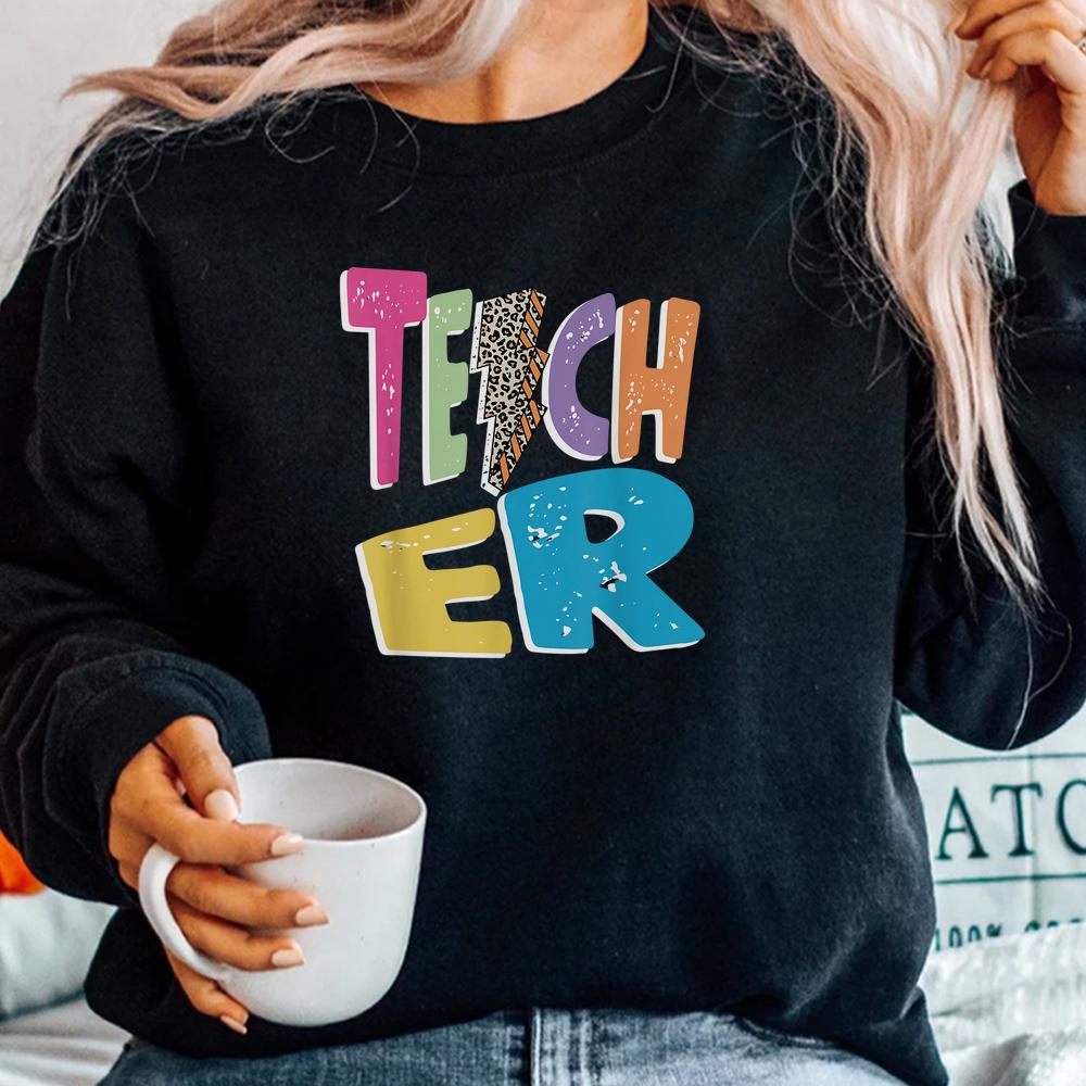 Teacher Colorful Distressed Leopard Lightning Bolt Trendy Shirt Teacher Colorful Distressed Leopard Lightning Bolt Trendy Shirt