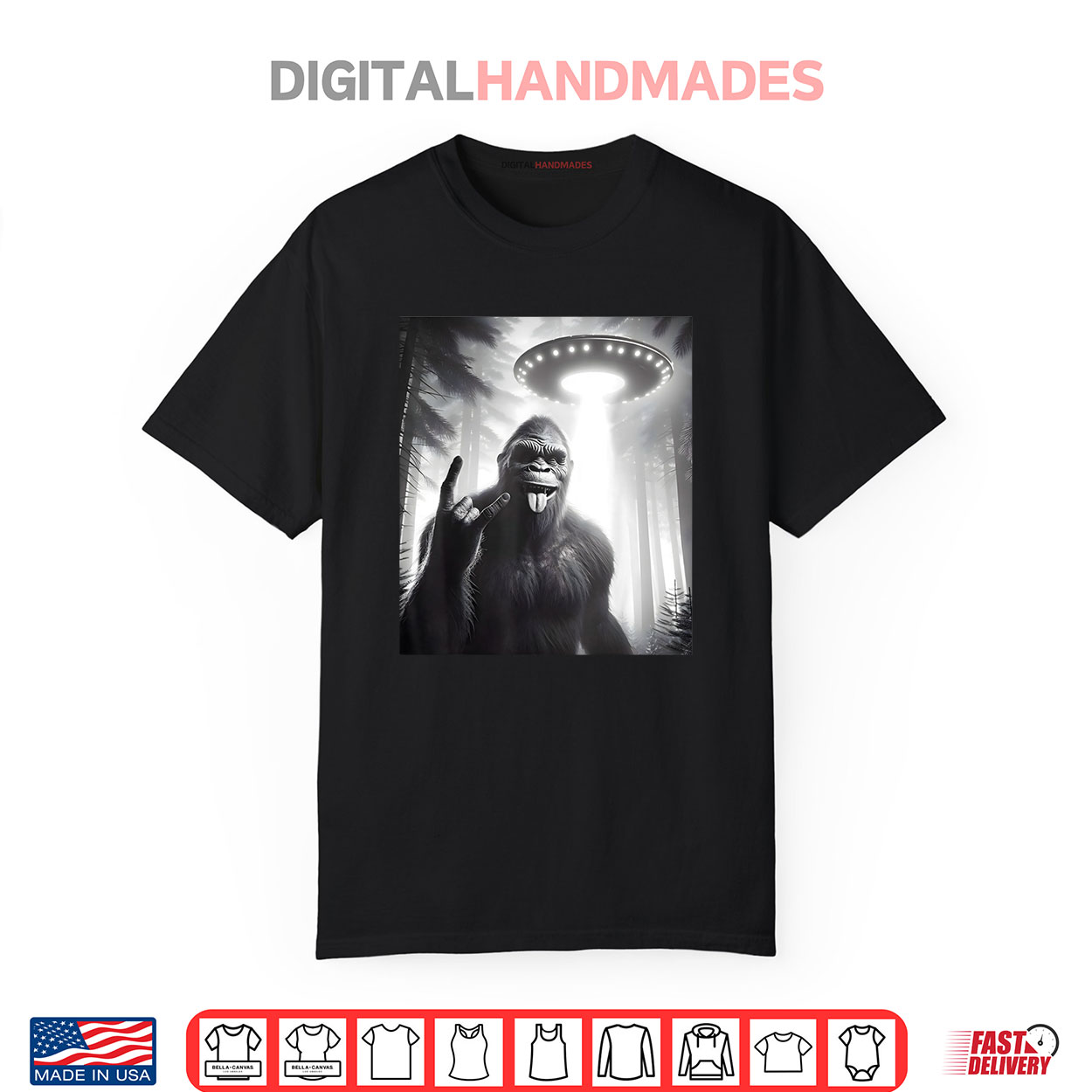 Funny Sasquatch Bigfoot Selfie With UFO Alien Rock Sign Shirt Funny Sasquatch Bigfoot Selfie With UFO Alien Rock Sign Shirt