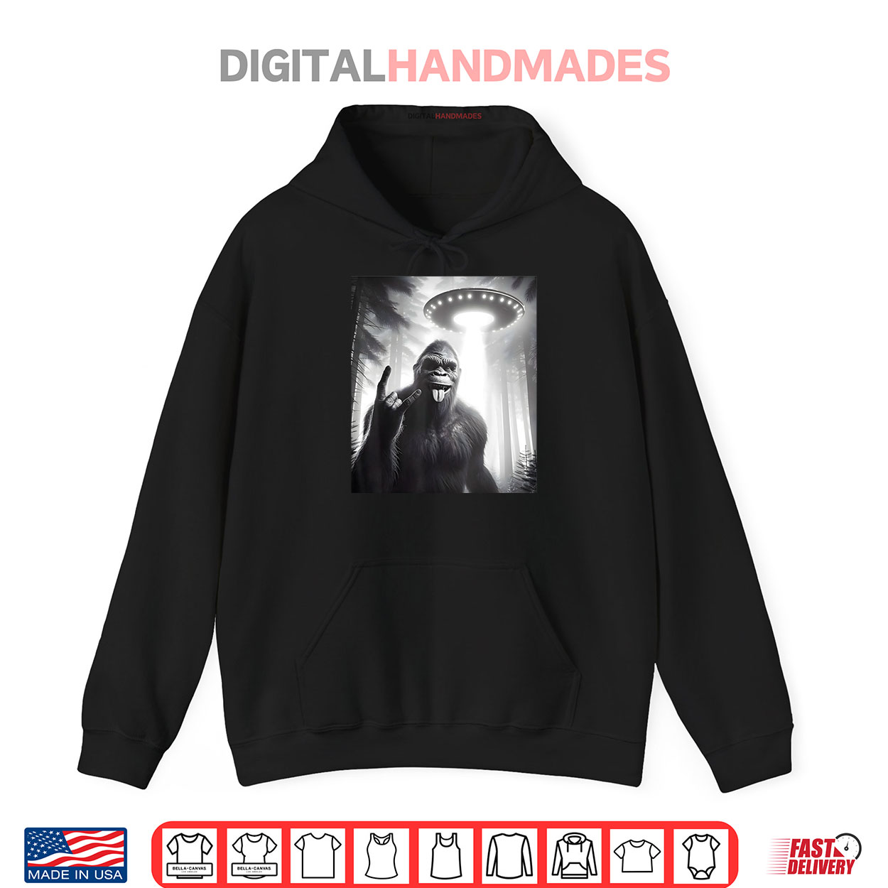 Funny Sasquatch Bigfoot Selfie With UFO Alien Rock Sign Shirt Funny Sasquatch Bigfoot Selfie With UFO Alien Rock Sign Shirt