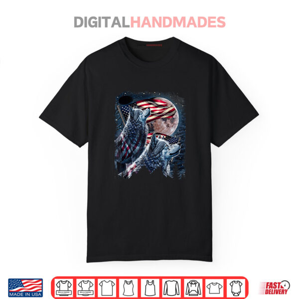 Howling Wolves Under Moon 4th of July American Flag Shirt