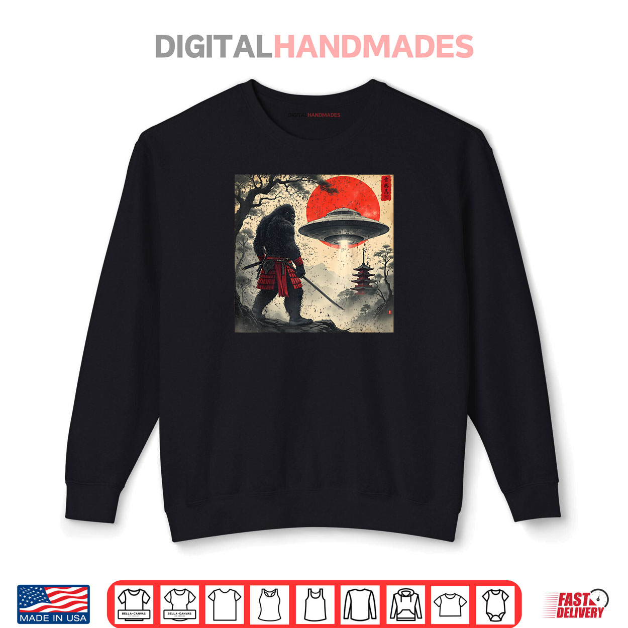 Samurai Bigfoot Japanese UFO Vintage Graphic Ukiyo e Art Shirt Samurai Bigfoot Japanese UFO Vintage Graphic Ukiyo e Art Shirt