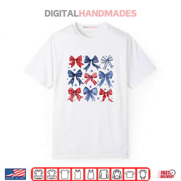 Womens 4th of July Coquette Bow Ribbon Red White and Blue Shirt