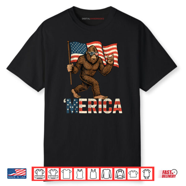 Bigfoot Merica Rock Patriotic American Flag 4th Of July Shirt