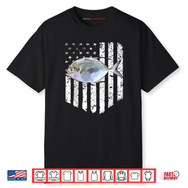Black White American Flag Pompano 4th Of July Fish Shirt
