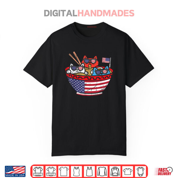 Cats Ramen Anime American Flag USA Funny 4th Of July Fourth Shirt