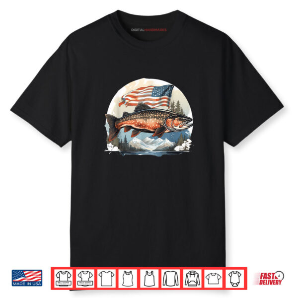 Fisherman American US Flag With Fly Fishing Brook Trout Fish Shirt