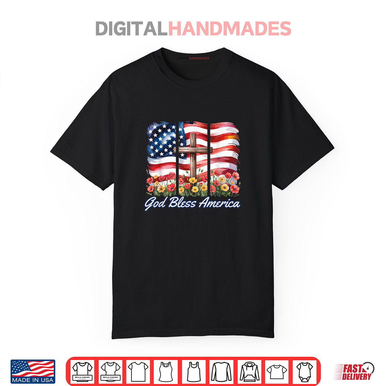 God Bless America Flag Cross Flowers Patriotic 4th of July Shirt