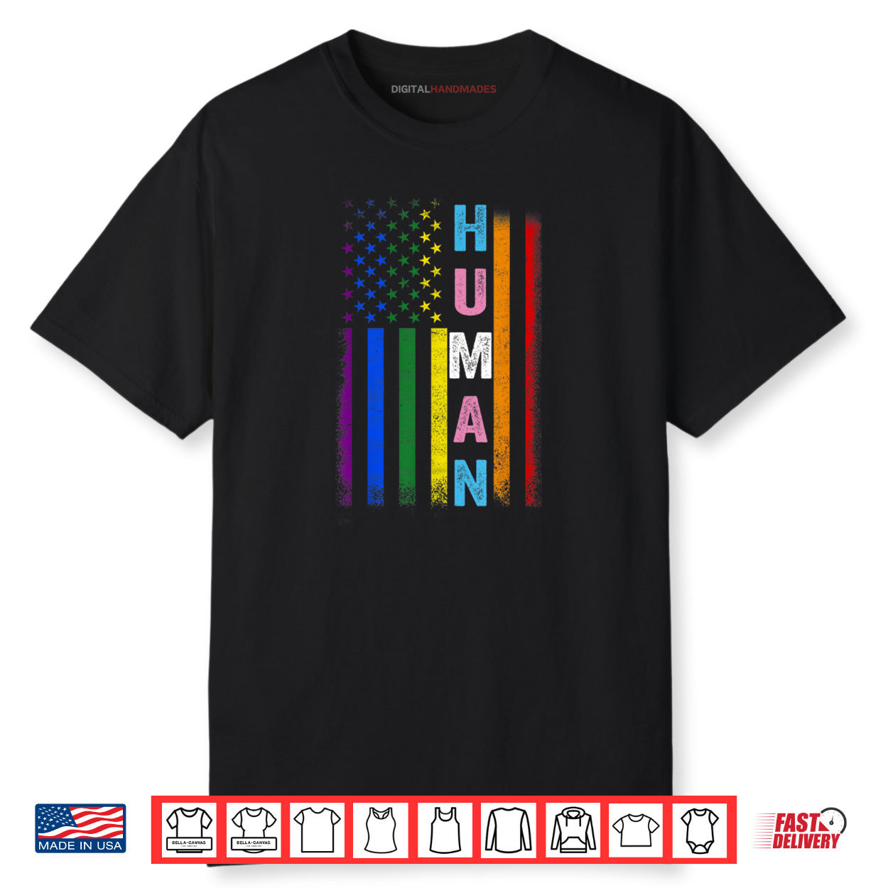 HUMAN LGBT American Flag LGBTQ Rainbow Pride Month Shirt