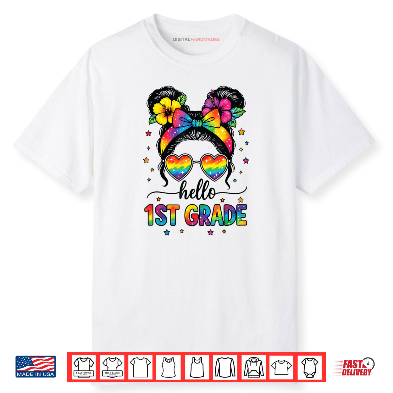 Hello 1st Grade Messy Bun First Day Of School Teacher Kids Shirt