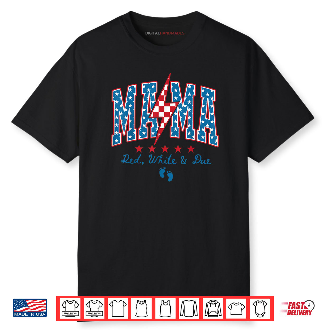 Mama Red White and Due 4th of July Pregnancy Announcement Shirt
