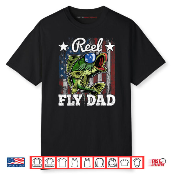 Mens Reel Fly Dad Fishing American Flag Funny Father’s Day Gift Shirt