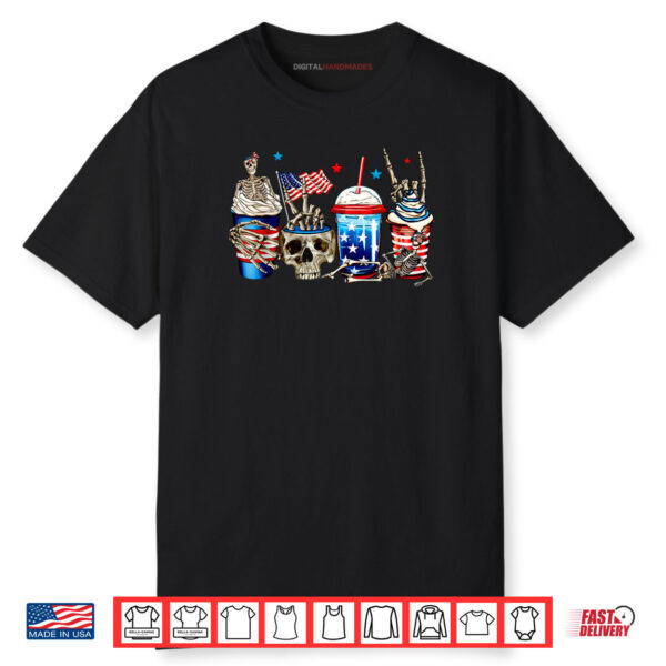 Skeleton Coffee Cups Drinks 4th of July American Patriotic Shirt