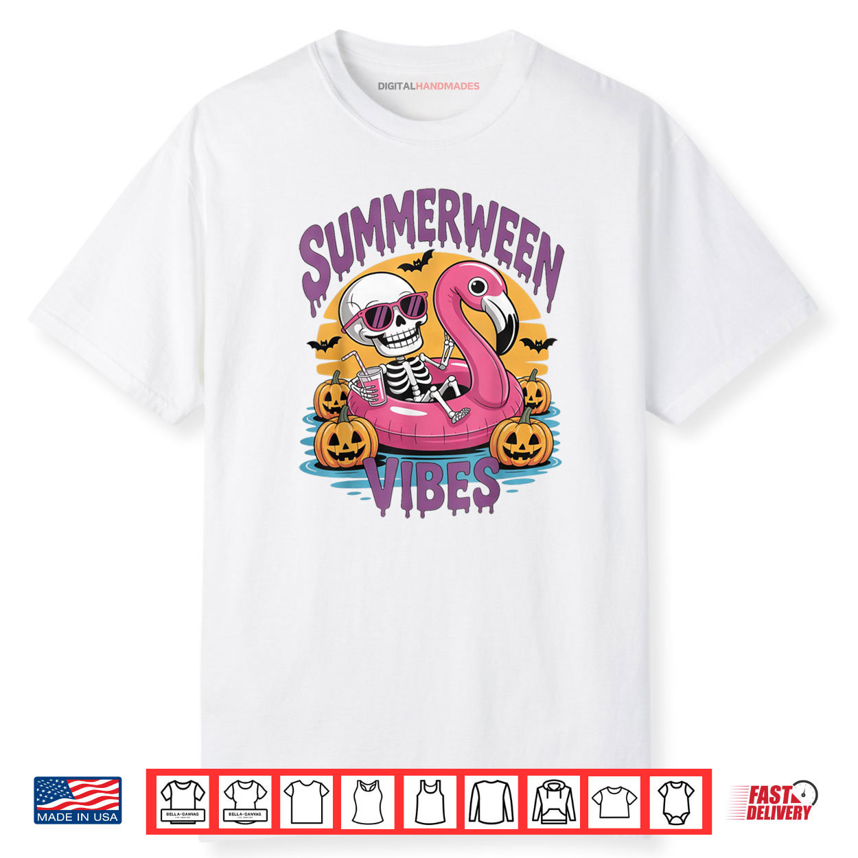 Summerween Vibes Skeleton Flamingo Spooky Halloween Summer Shirt