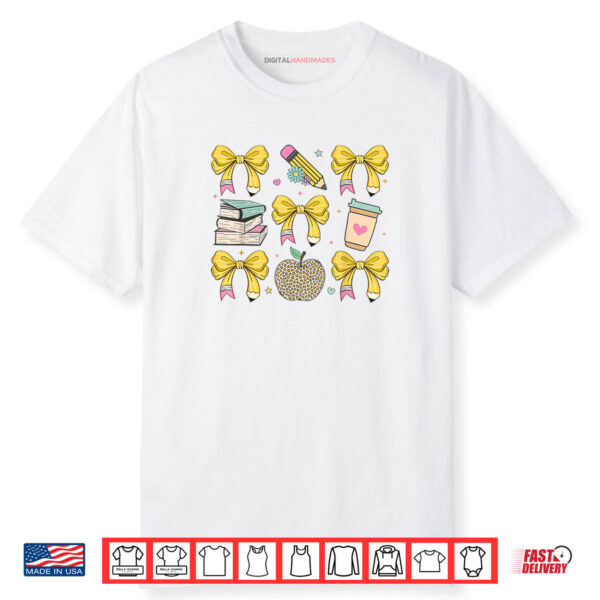 Back To School Yellow Bows Book Coffee Leopard Apple Teacher Shirt