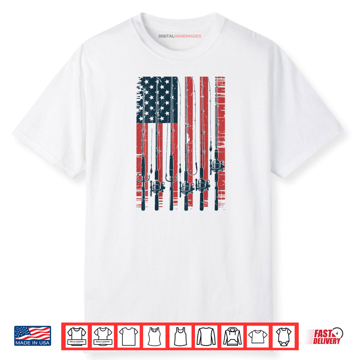 Fishing Pole On Back Youth Boy 4th July American Flag Shirt