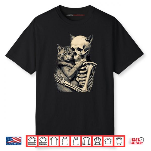 Skeleton Hugging Cat Lover Halloween Tee Funny Apparel Shirt