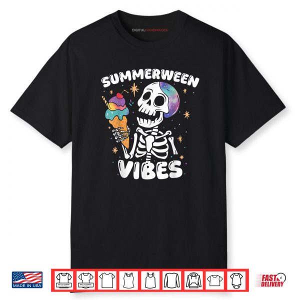 Summerween Vibes Skeleton Ice Cream Art Summer Halloween Fun Shirt