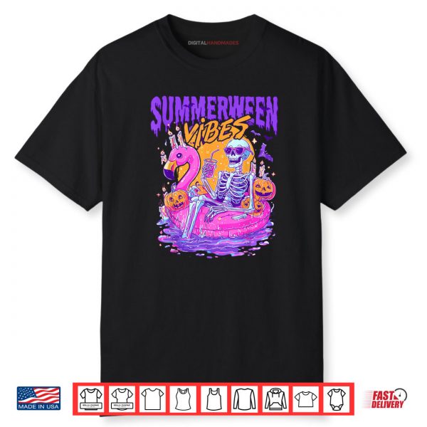 Summerween Vibes Spooky Skeleton Flamingo Pool Halloween Shirt