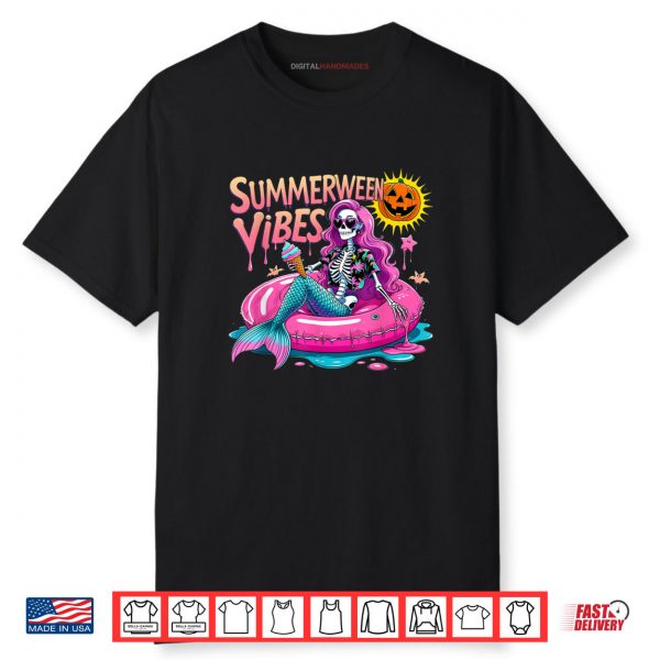 Summerween Vibes Spooky Summer Mermaid Skeleton Halloween Shirt