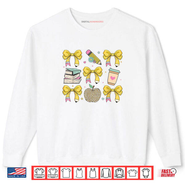 Sweatshirt Back To School Yellow Bows Book Coffee Leopard Apple Teacher Shirt digitalhandmades.com