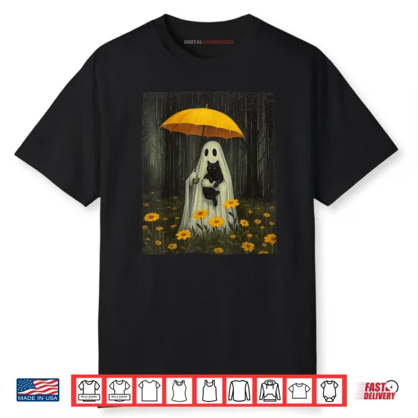 Boo Ghost Umbrella Black Cat Floral Halloween Shirt