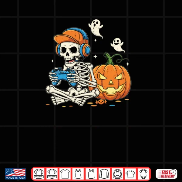 Design Cool Teen Boy Skeleton Gaming Halloween Shirt