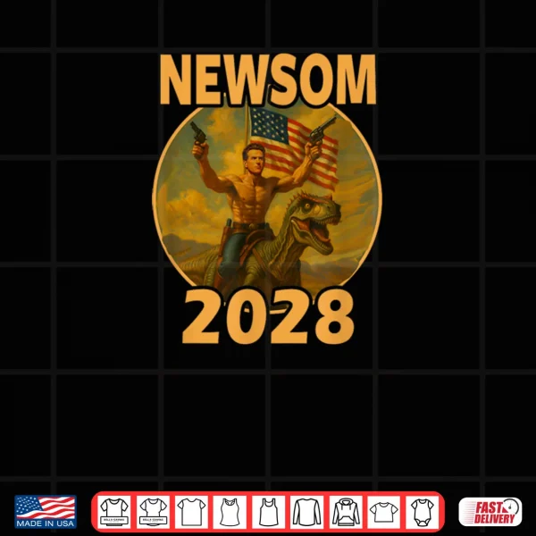 Design Gavin Newsom 2028 Bold Patriotic Leader Riding Dinosaur Shirt