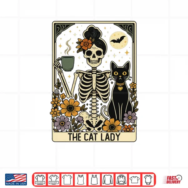 Design Mystic Skeleton The Cat Lady With Coffee Tarot Card Vibes Shirt