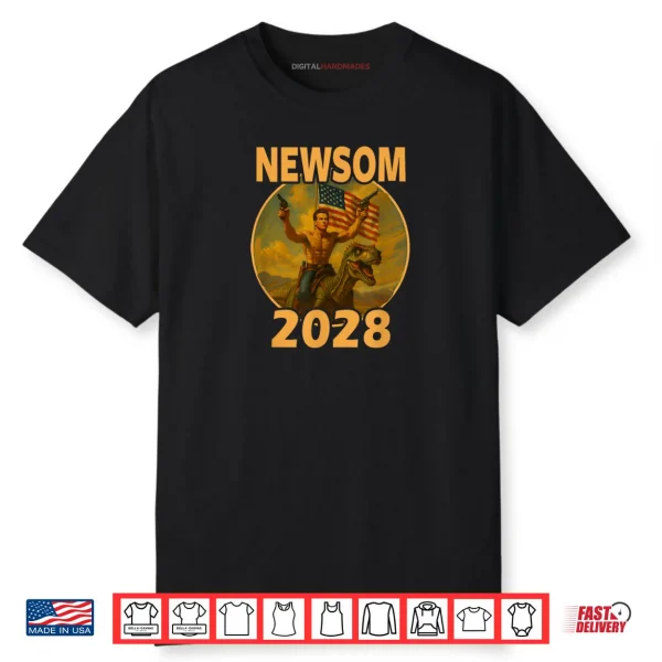 Gavin Newsom 2028 Bold Patriotic Leader Riding Dinosaur Shirt