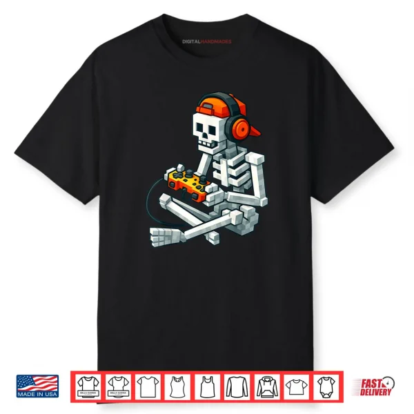 Halloween Skeleton Gamer Pixel Video Gaming Shirt