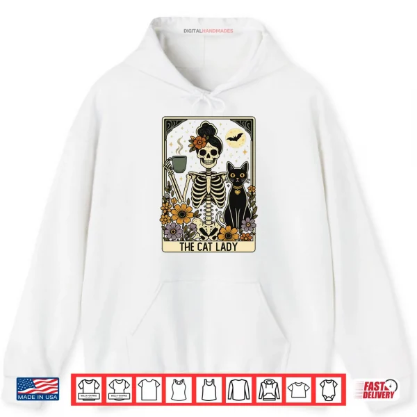 Hoodie Mystic Skeleton The Cat Lady With Coffee Tarot Card Vibes Shirt