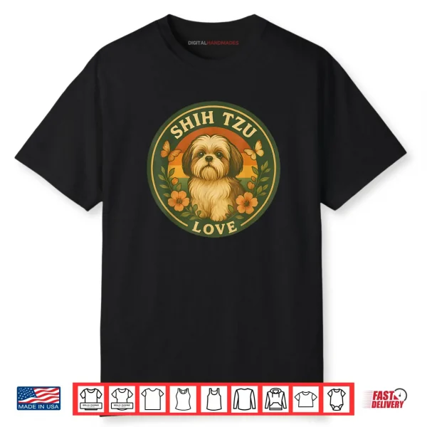 Shih tzu Dog Retro Floral Vintage Shih tzu Sunset Badge Shirt