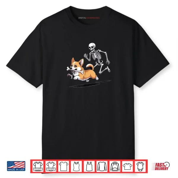 Skeleton Chasing Corgi Halloween Dog Mom Pet Lover Shirt