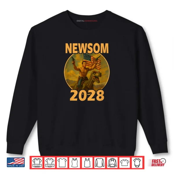 Sweatshirt Gavin Newsom 2028 Bold Patriotic Leader Riding Dinosaur Shirt