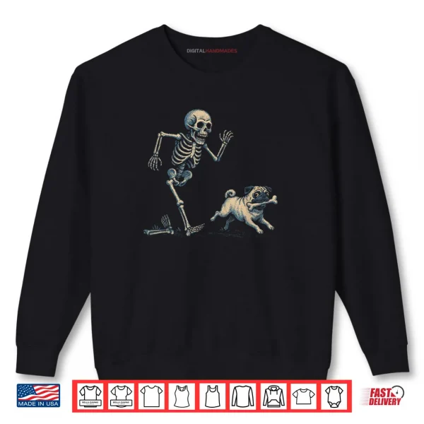 Sweatshirt Skeleton Chasing Pug Halloween Dog Mom Pug Lover Shirt