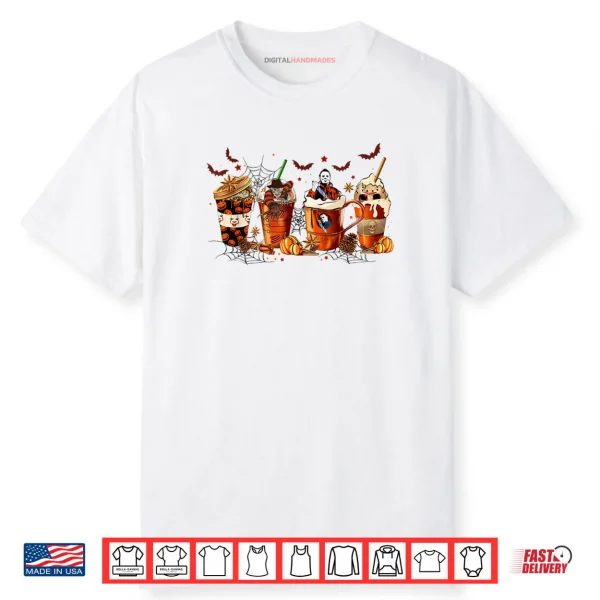 Vintage Halloween Horror Latte Coffee Cups Ghost Skeleton Shirt