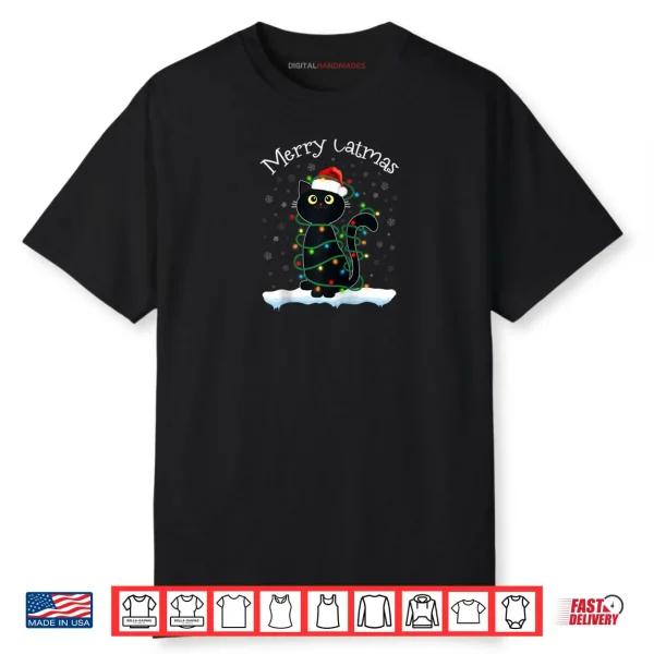Black Cat Christmas Light Merry Catmas Cat Shirt