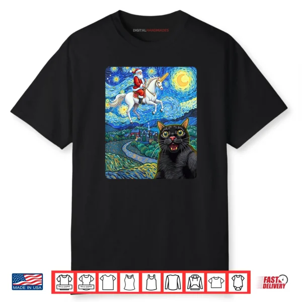Black Cat Selfie with Santa Unicorn Starry Night Oil Paint Shirt
