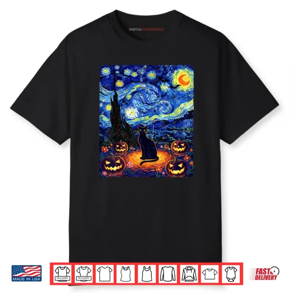 Black Cat Van Gogh Starry Night Cat Costume Halloween Shirt