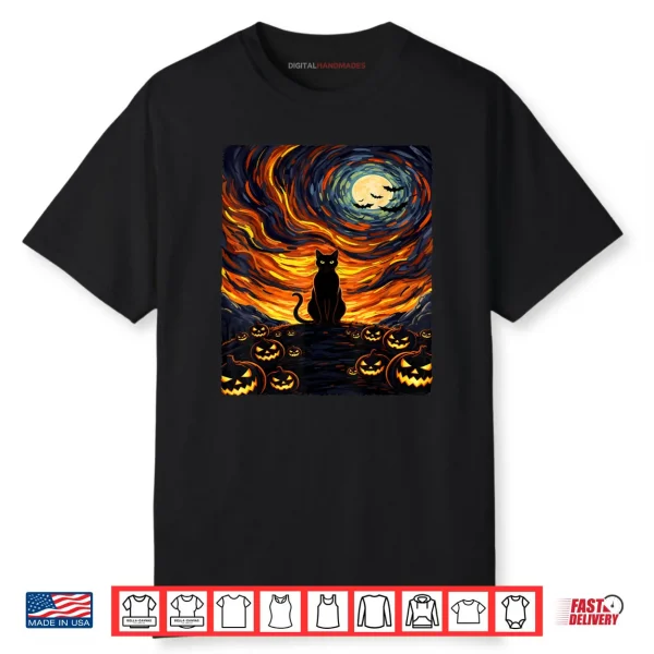 Black Cat Van Gogh Starry Night Halloween Cat Shirt