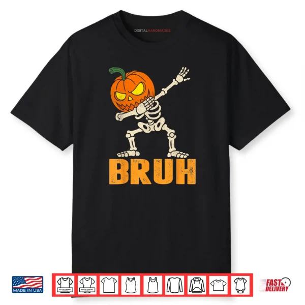 Bruh Skeleton Halloween Dabbing Boys Pumpkin Jack O Lantern Shirt