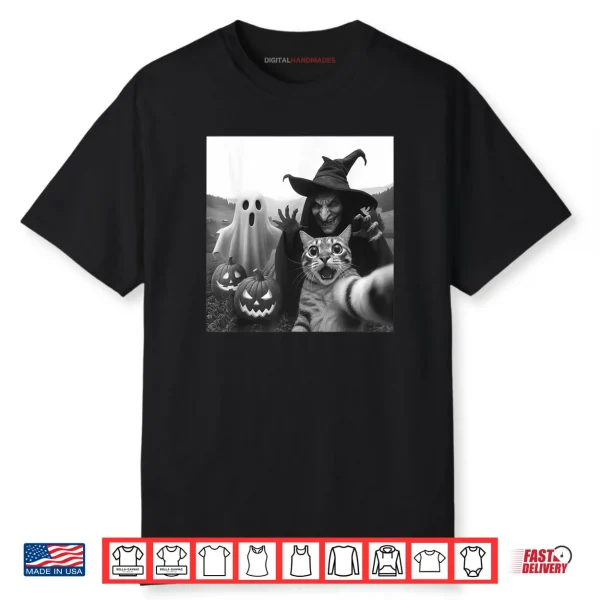 Cat Selfie with Ghost Boo Witch Pumpkin Halloween Shirt